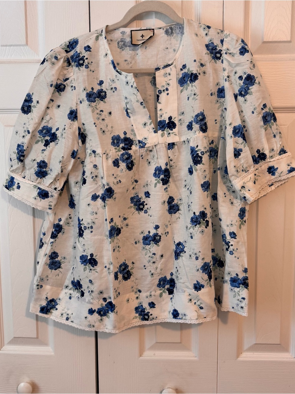 Tuckernuck White Top with Blue Floral Print
